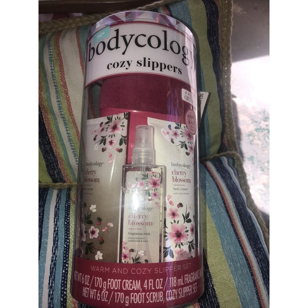 Bodycology Cherry Blossom Gift Set Foot Scrub Cozy Slippers Body Mist Foot Cream